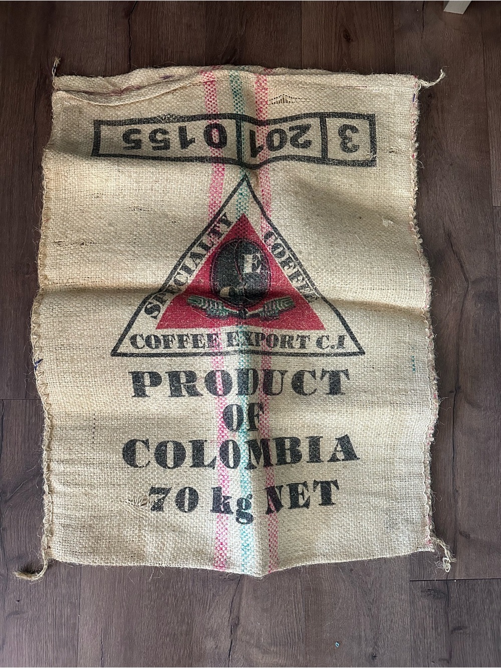 Vintage Colombian Coffee Burlap Sack with Red & Green Stripe